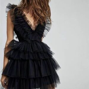 Mable Black Ruffled V-Neck Tiered Mini Dress